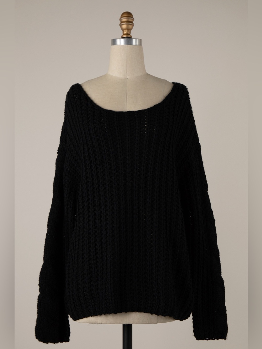 Miracle BLACK Boat Neck Loose Fit Cable Knit Sweater